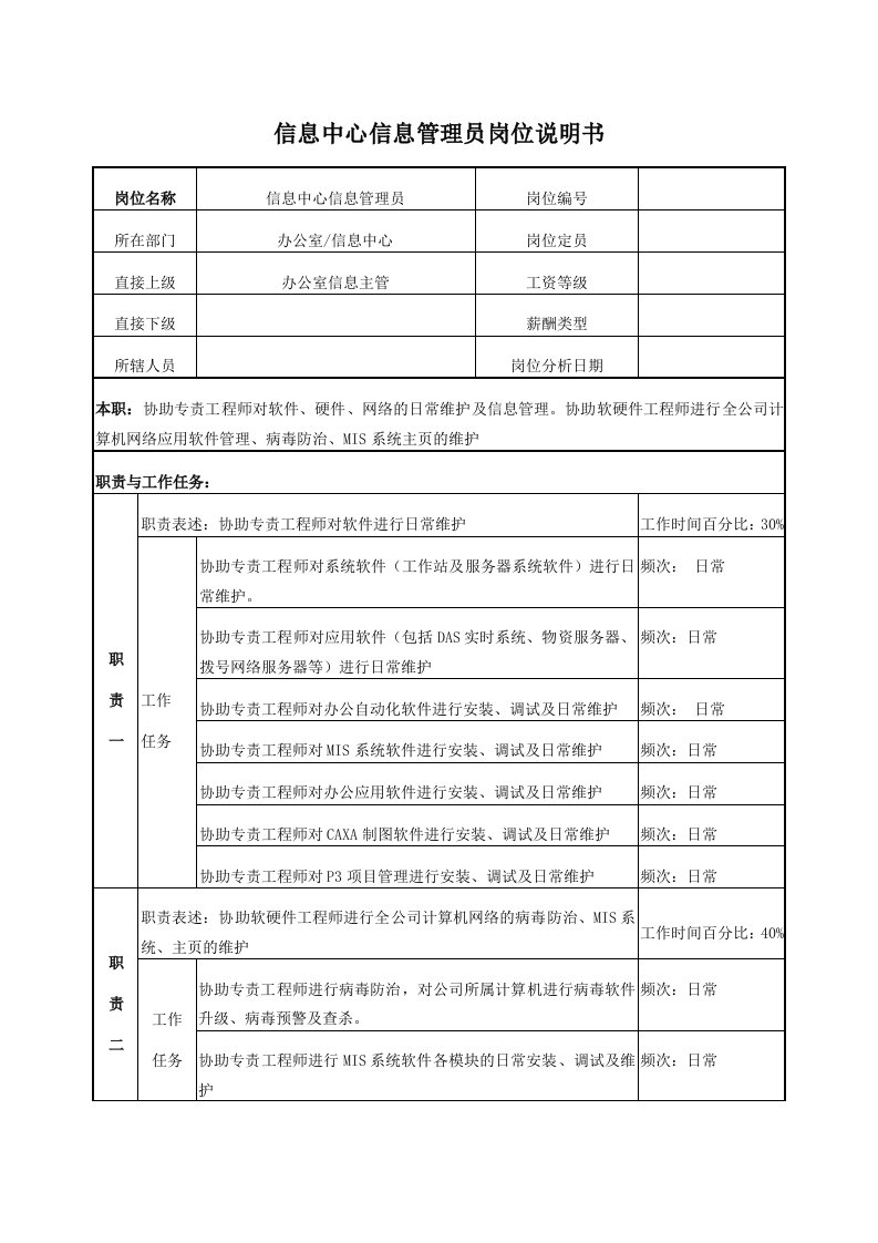 电力信息管理员岗位说明书