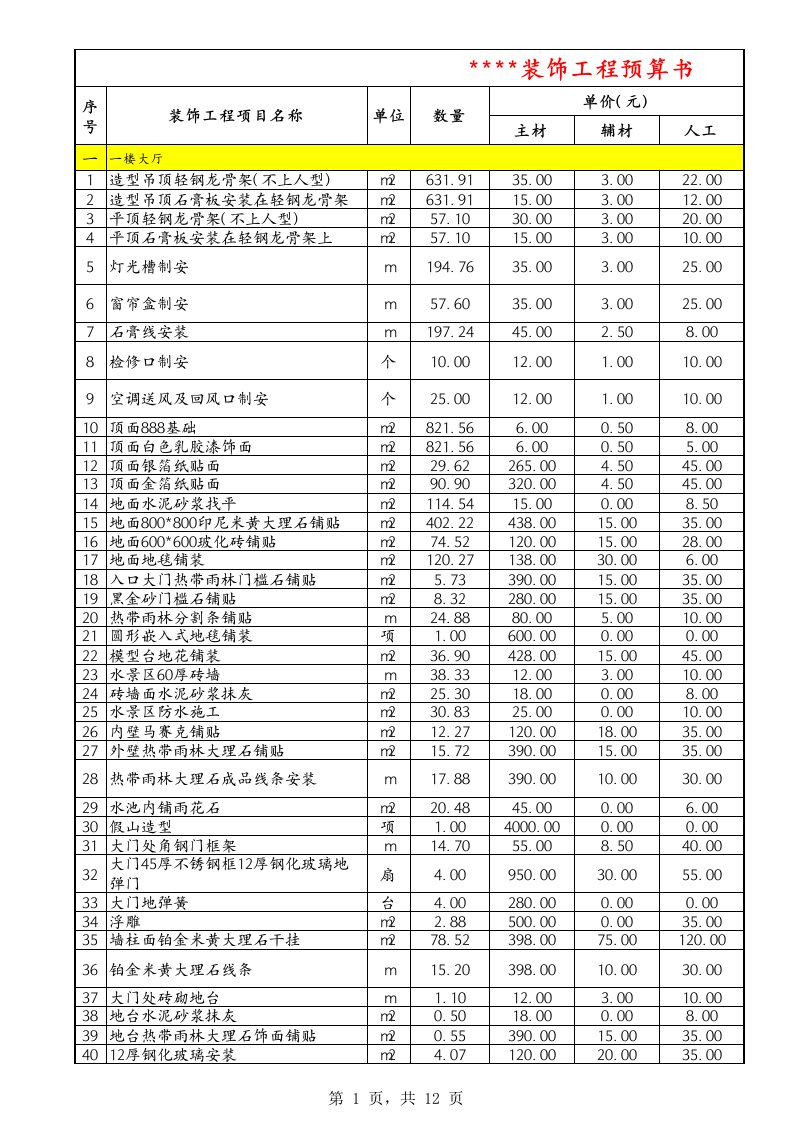 欧式风格的会所装饰预算书