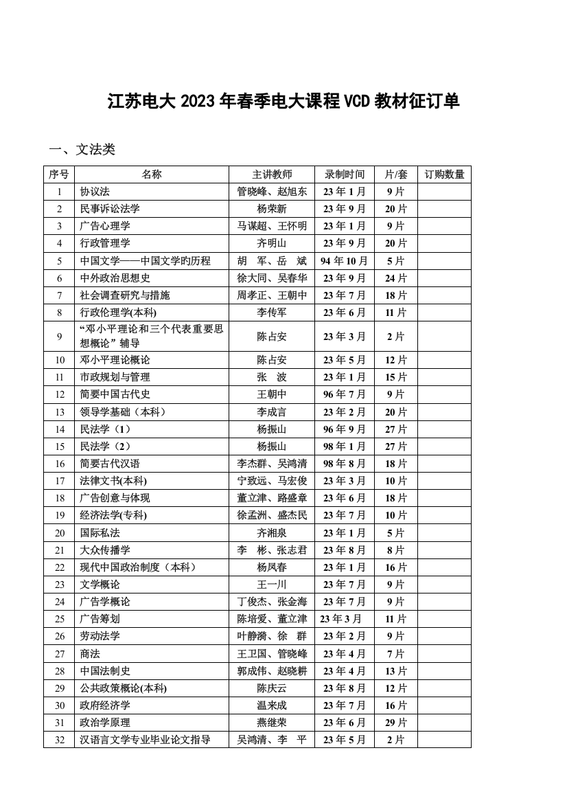 2023年江苏电大春季电大课程VCD教材征订单