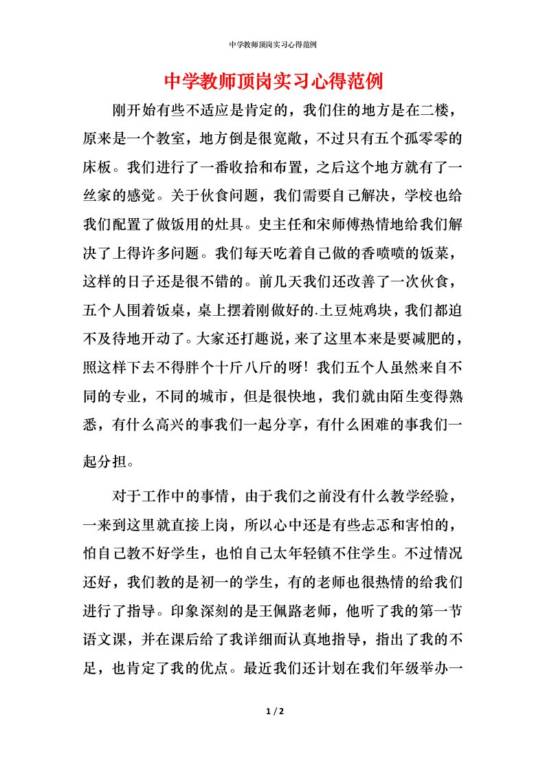 精编中学教师顶岗实习心得范例