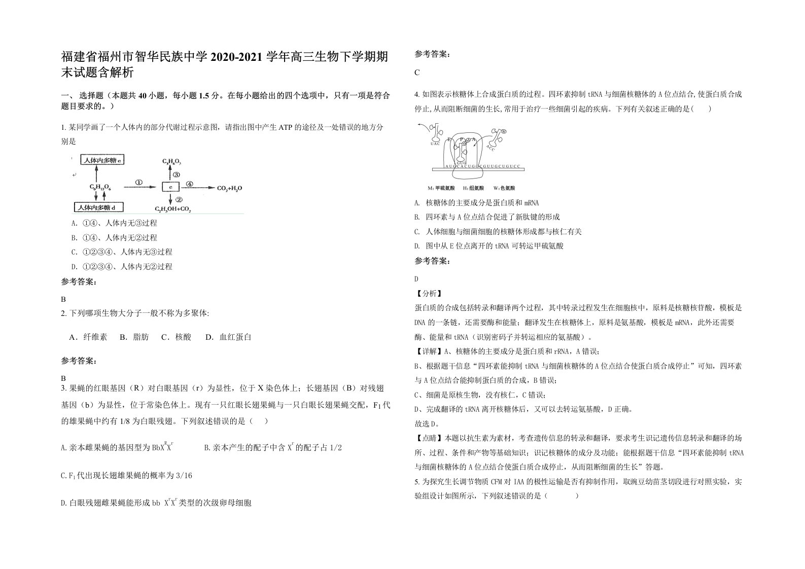 福建省福州市智华民族中学2020-2021学年高三生物下学期期末试题含解析