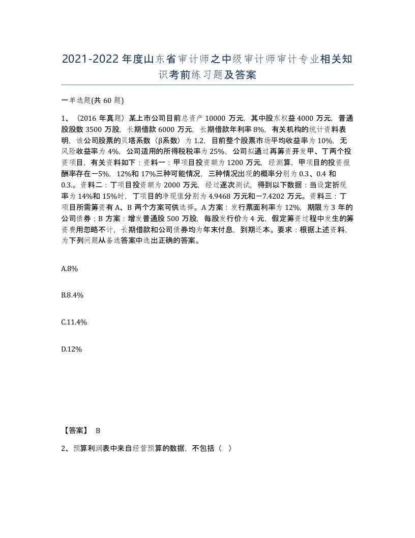 2021-2022年度山东省审计师之中级审计师审计专业相关知识考前练习题及答案