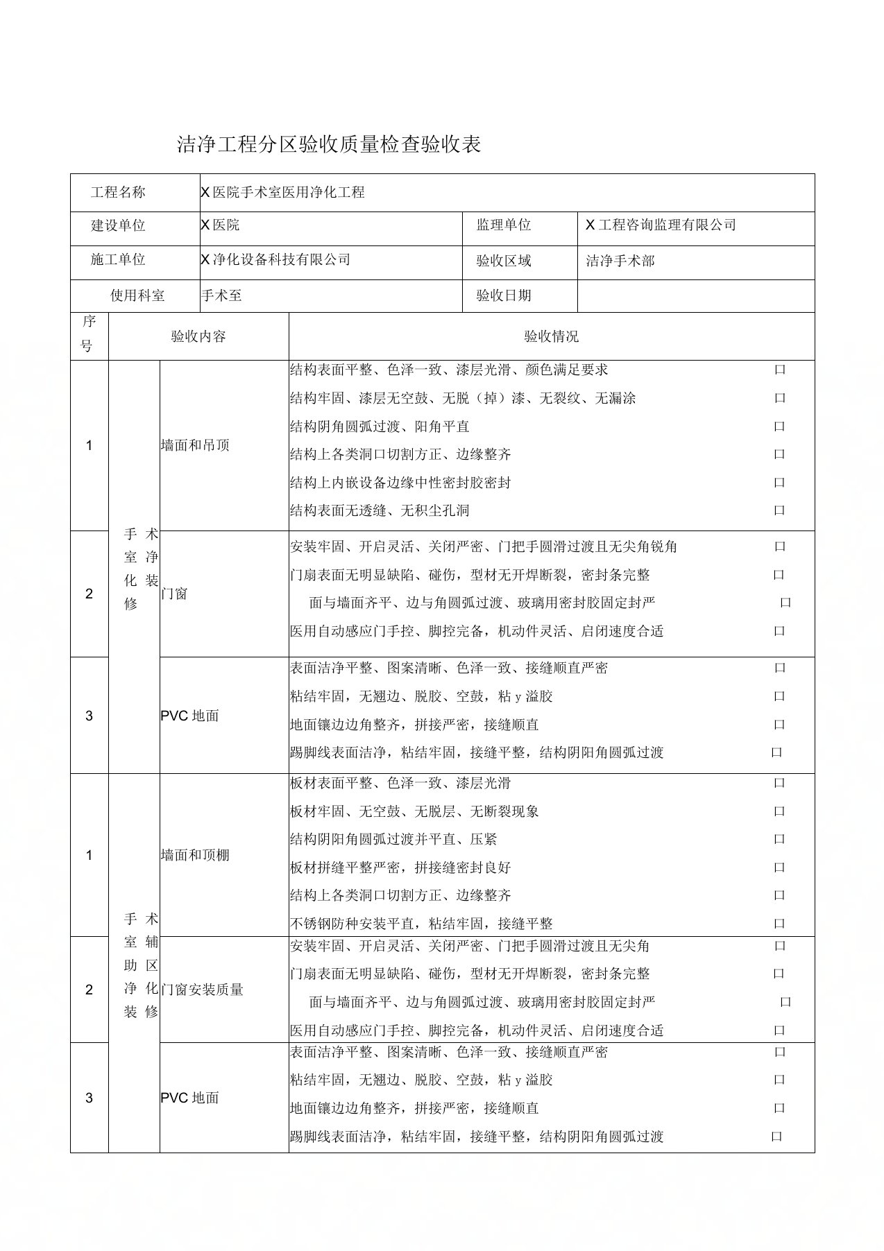 X医院净化工程质量验收检查表(电解板手术室)