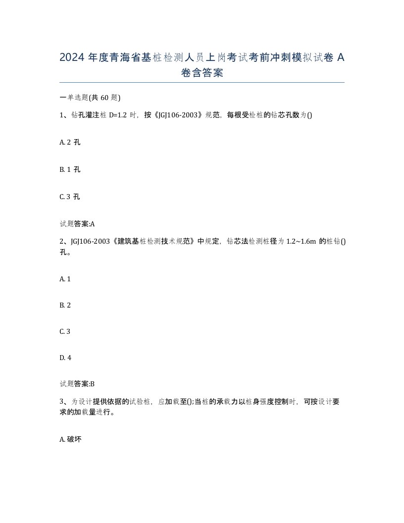 2024年度青海省基桩检测人员上岗考试考前冲刺模拟试卷A卷含答案