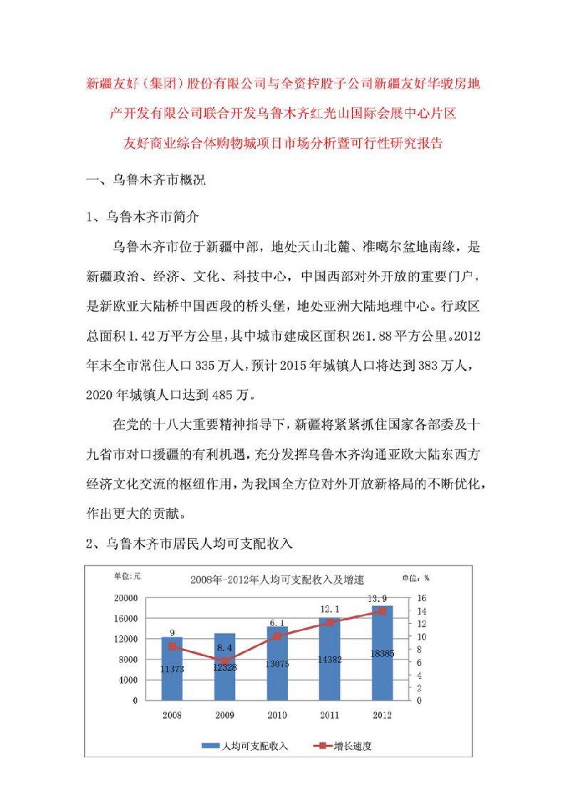 友好集团联合开发乌鲁木齐红光山国际会展中心片区友好商业综合体购物城项目市场分析暨可行性研究报告