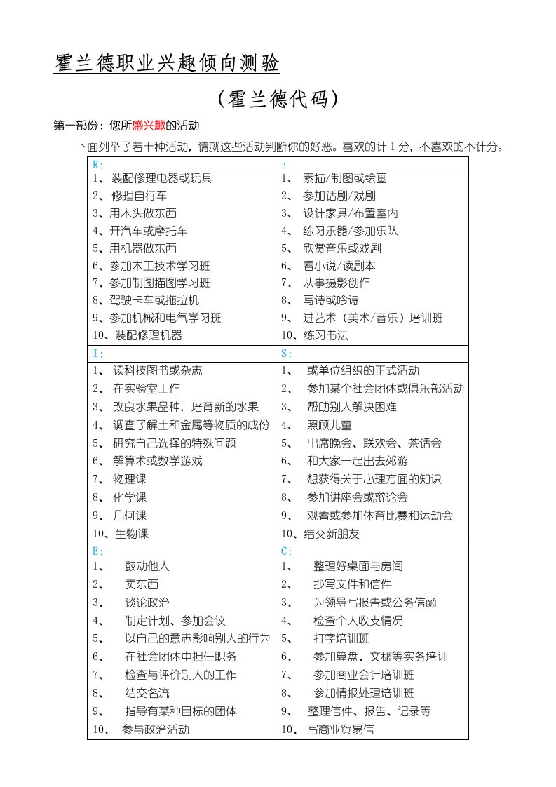 兴趣测试霍兰德代码—附测试题与代码解析