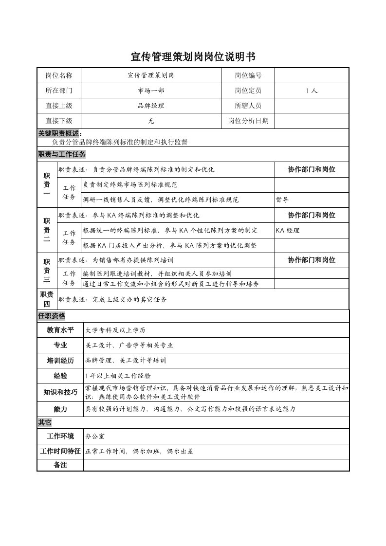 宣传管理策划岗岗位说明书