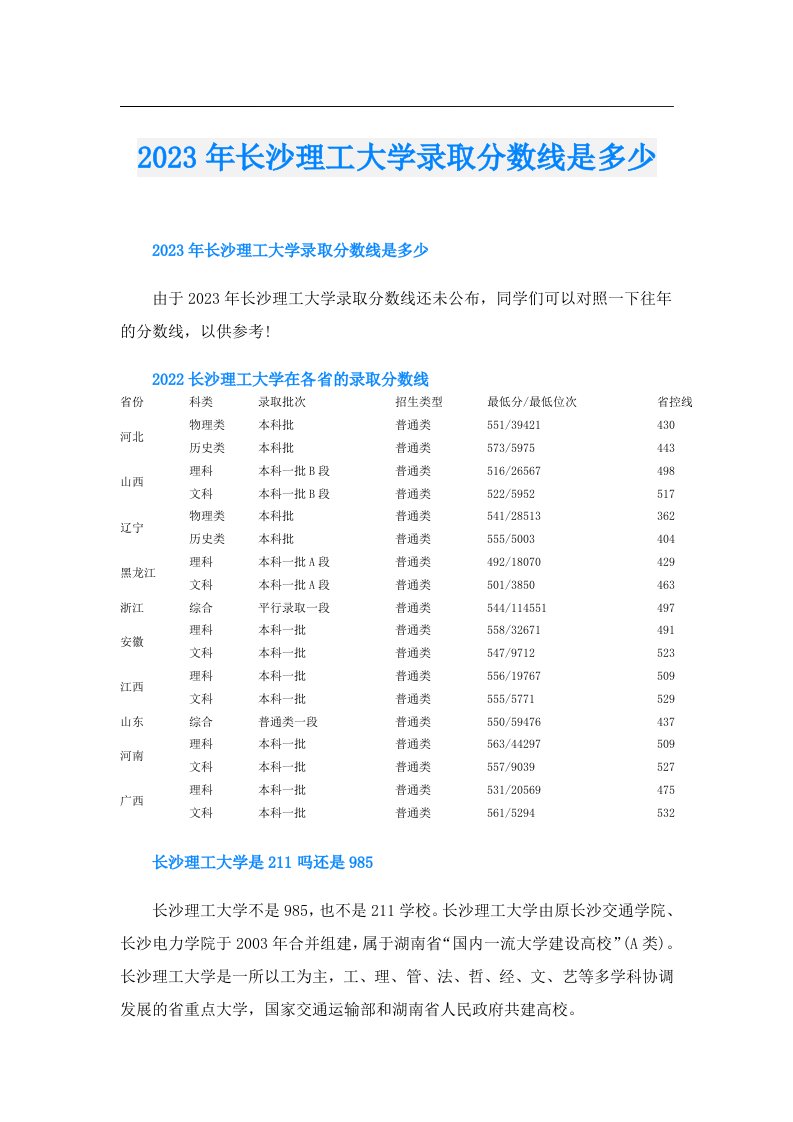 长沙理工大学录取分数线是多少