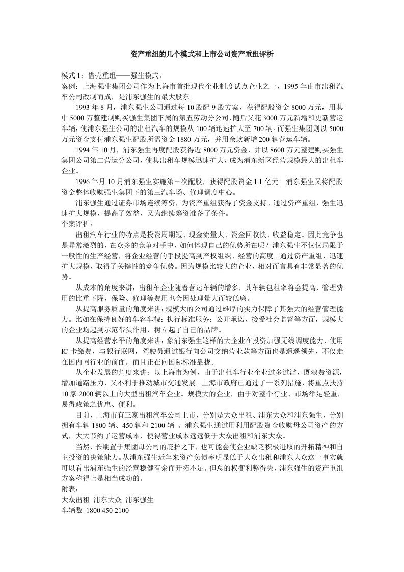 资产重组的几个模式和上市公司资产重组评析