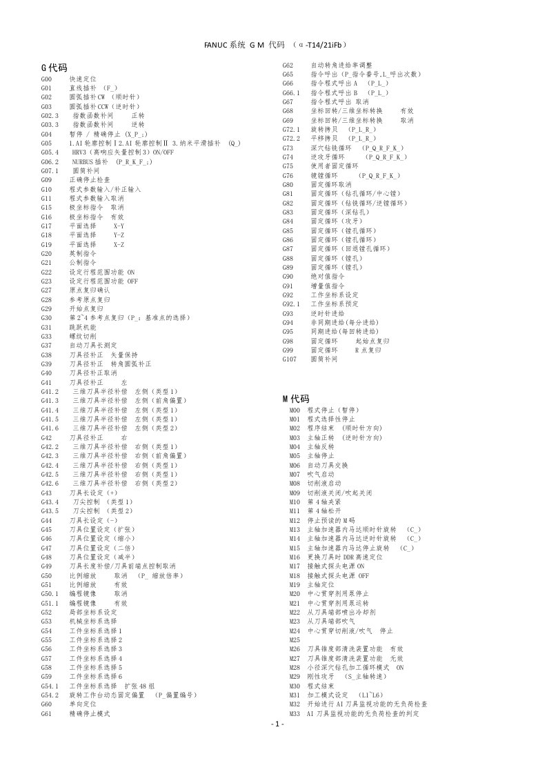 FANUC系统GM功能代码