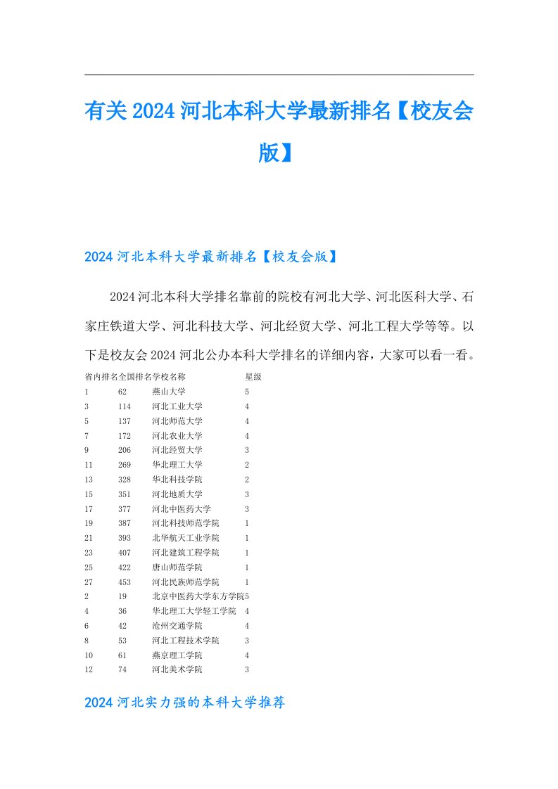 有关2024河北本科大学最新排名【校友会版】