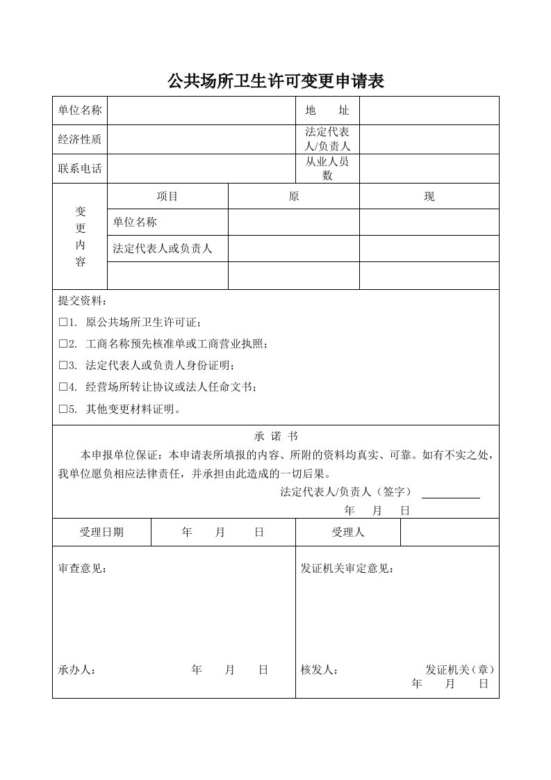 公共场所卫生许可变更申请表