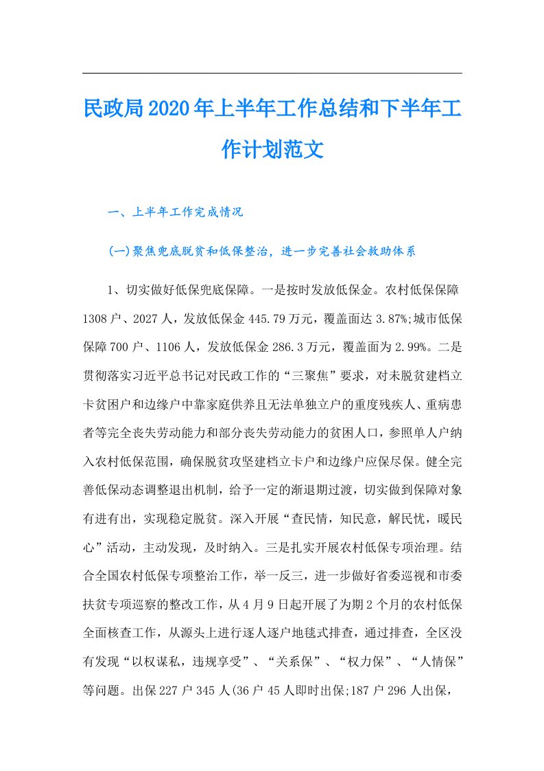 民政局上半年工作总结和下半年工作计划范文