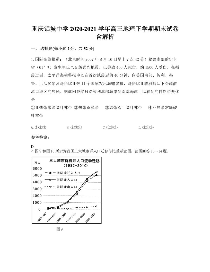 重庆铝城中学2020-2021学年高三地理下学期期末试卷含解析