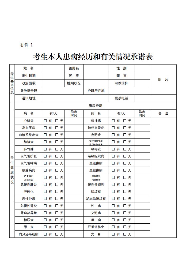 考生本人患病经历和有关情况承诺表