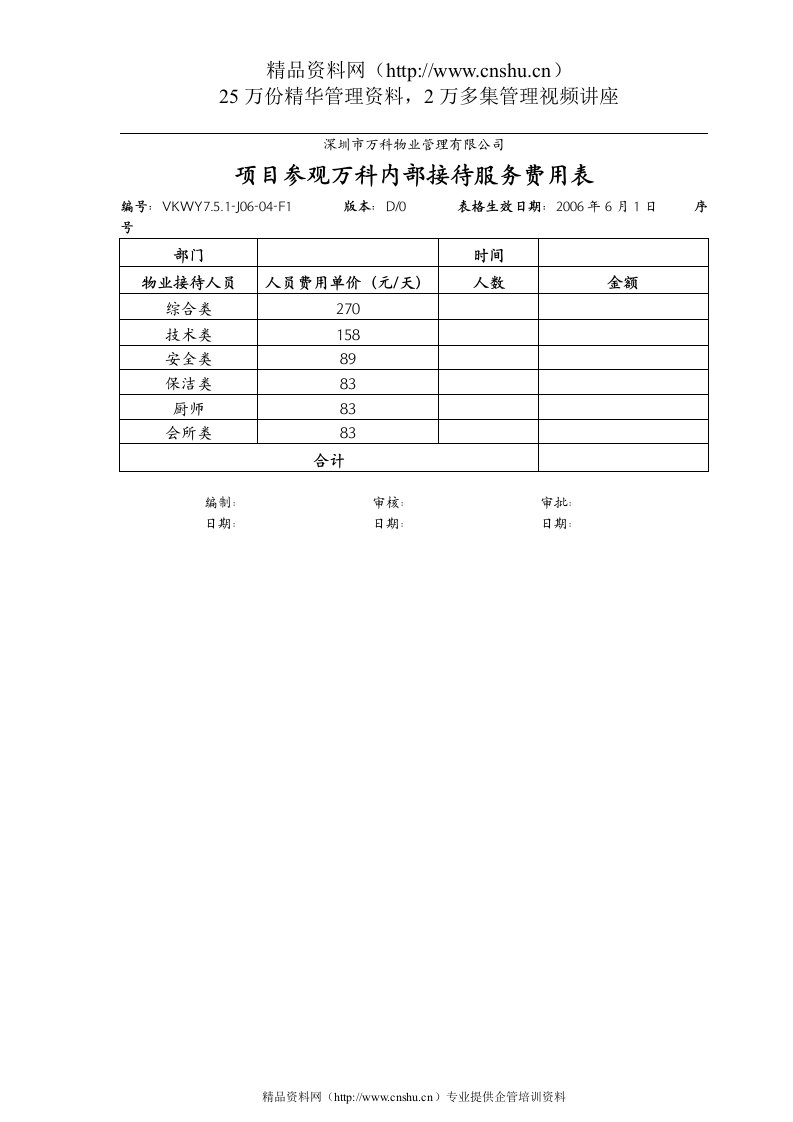 7.5.1-J06-04-F1项目参观万科内部接待服务费用表