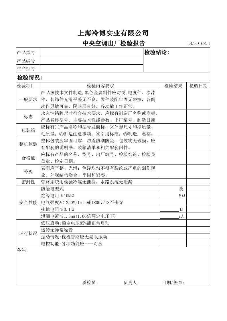 中央空调出厂检验报告168.2