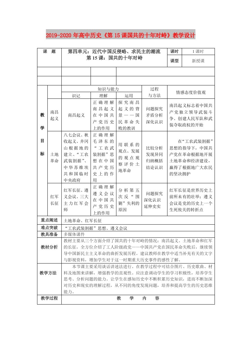 2019-2020年高中历史《第15课国共的十年对峙》教学设计