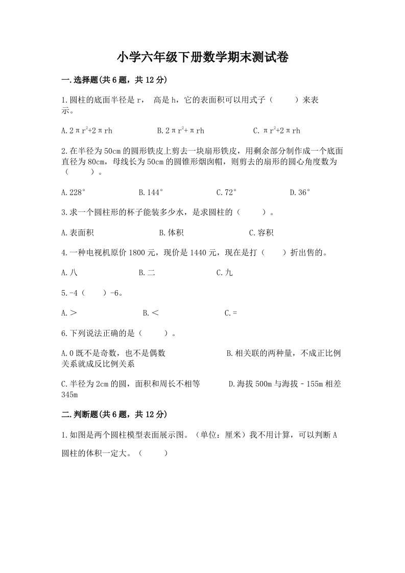 小学六年级下学期数学期末考试试卷含完整答案（典优）