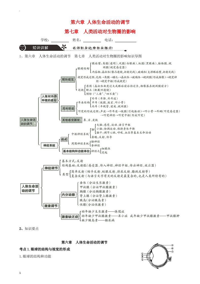 广东中山市2019届中考生物专题复习第四单元生物圈中的人第六章人体生命活动的调节