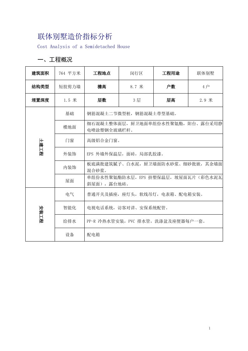 某联排别墅工程造价指标分析