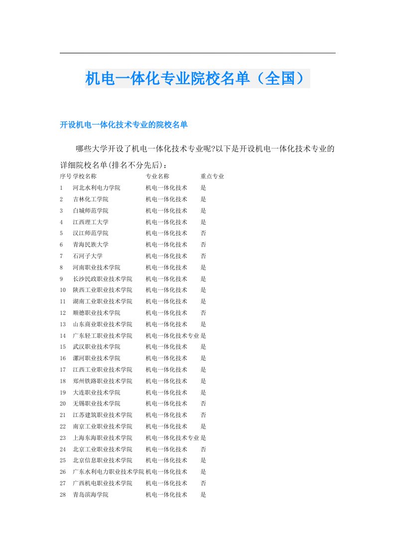 机电一体化专业院校名单（全国）