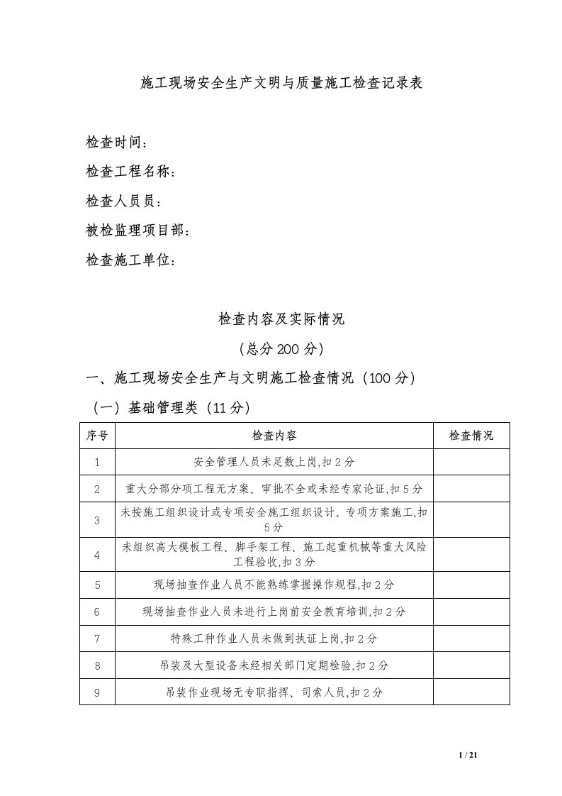 项目施工现场安全生产文明与质量项目施工检查记录表