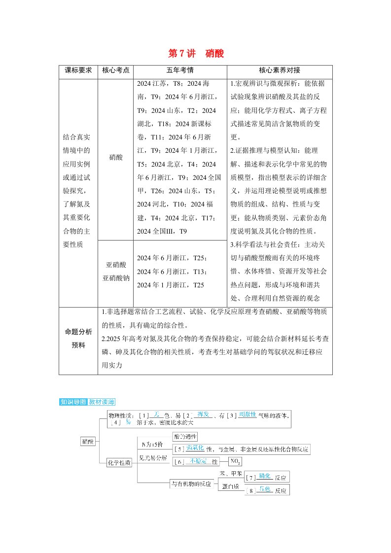 备考2025届高考化学一轮复习讲义第四章非金属及其化合物第7讲硝酸考点1硝酸