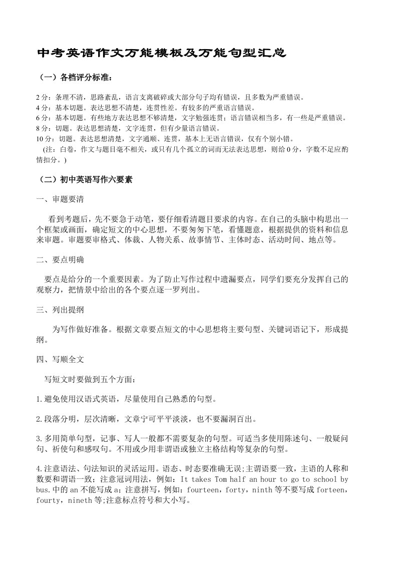 中考英语作文万能模板及万能句型汇总