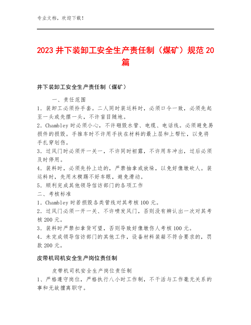 2023井下装卸工安全生产责任制（煤矿）规范20篇