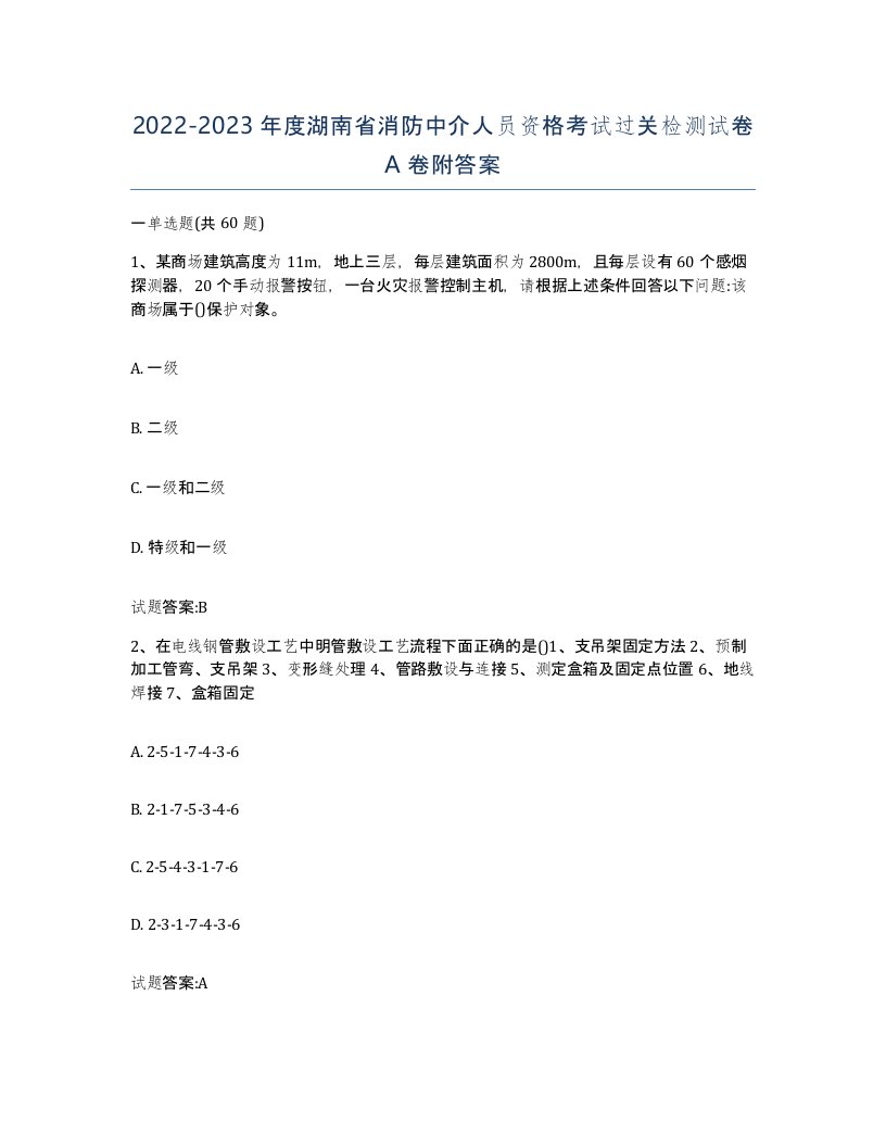 2022-2023年度湖南省消防中介人员资格考试过关检测试卷A卷附答案