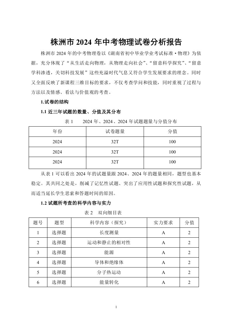 株洲市2024年中考物理试卷分析报告