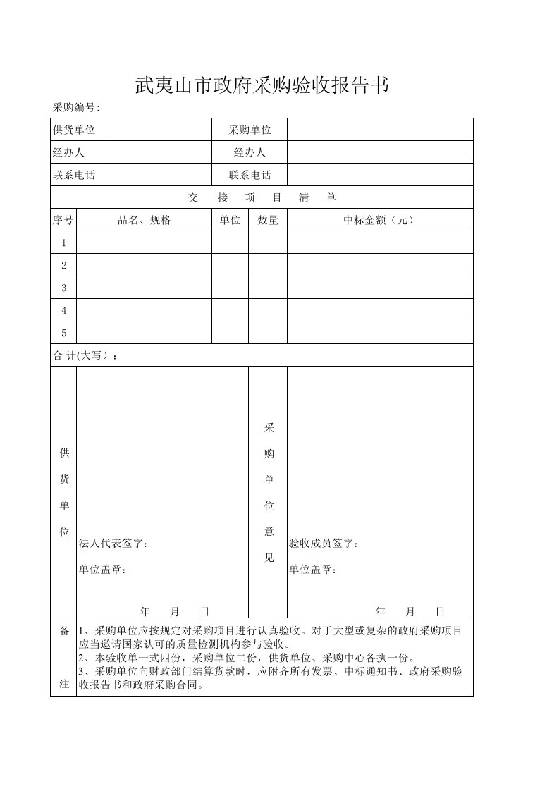 武夷山市政府采购验收报告书