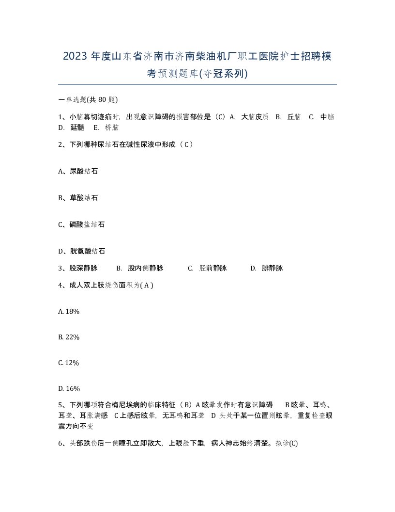 2023年度山东省济南市济南柴油机厂职工医院护士招聘模考预测题库夺冠系列