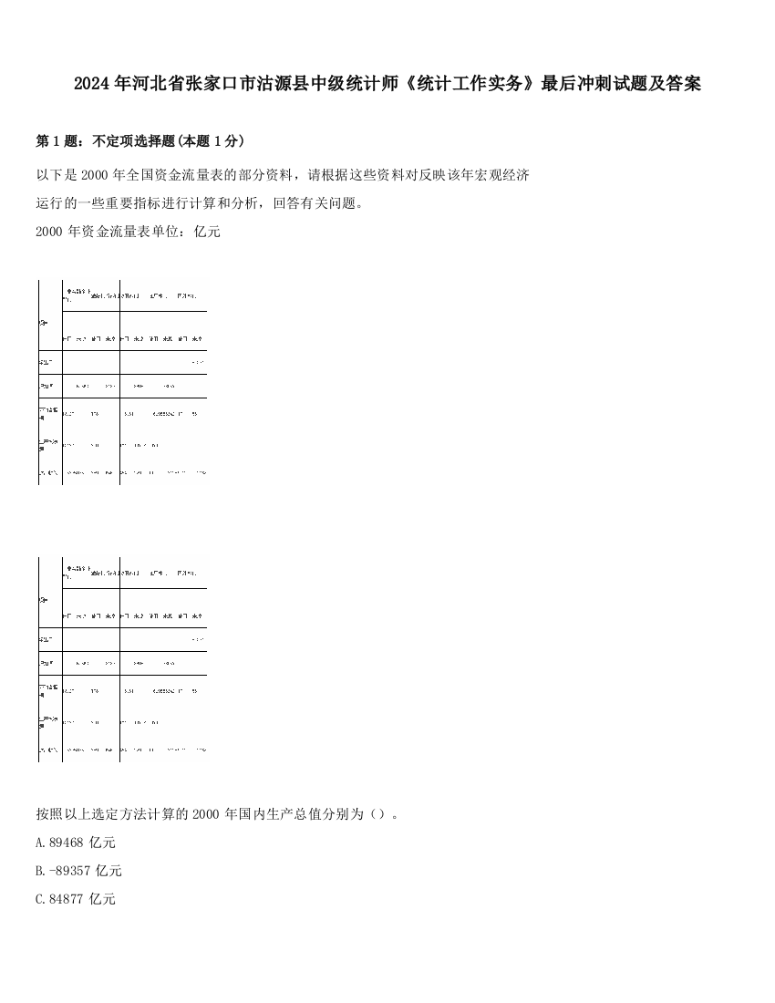 2024年河北省张家口市沽源县中级统计师《统计工作实务》最后冲刺试题及答案