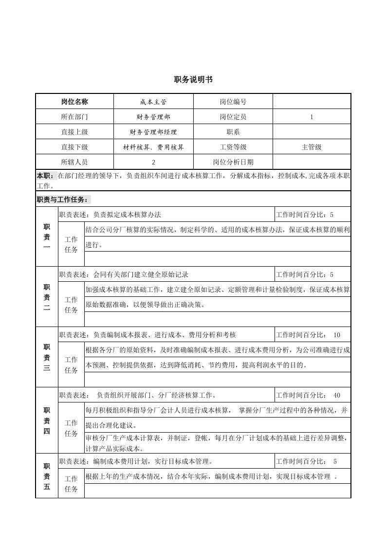 财务管理部成本主管岗位描述