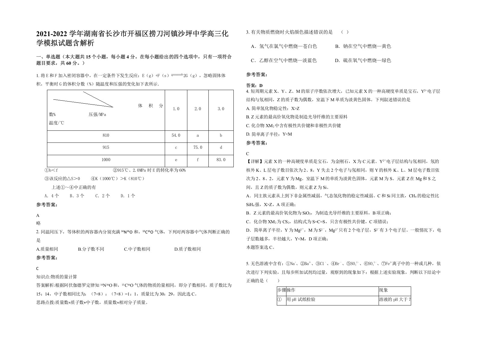 2021-2022学年湖南省长沙市开福区捞刀河镇沙坪中学高三化学模拟试题含解析