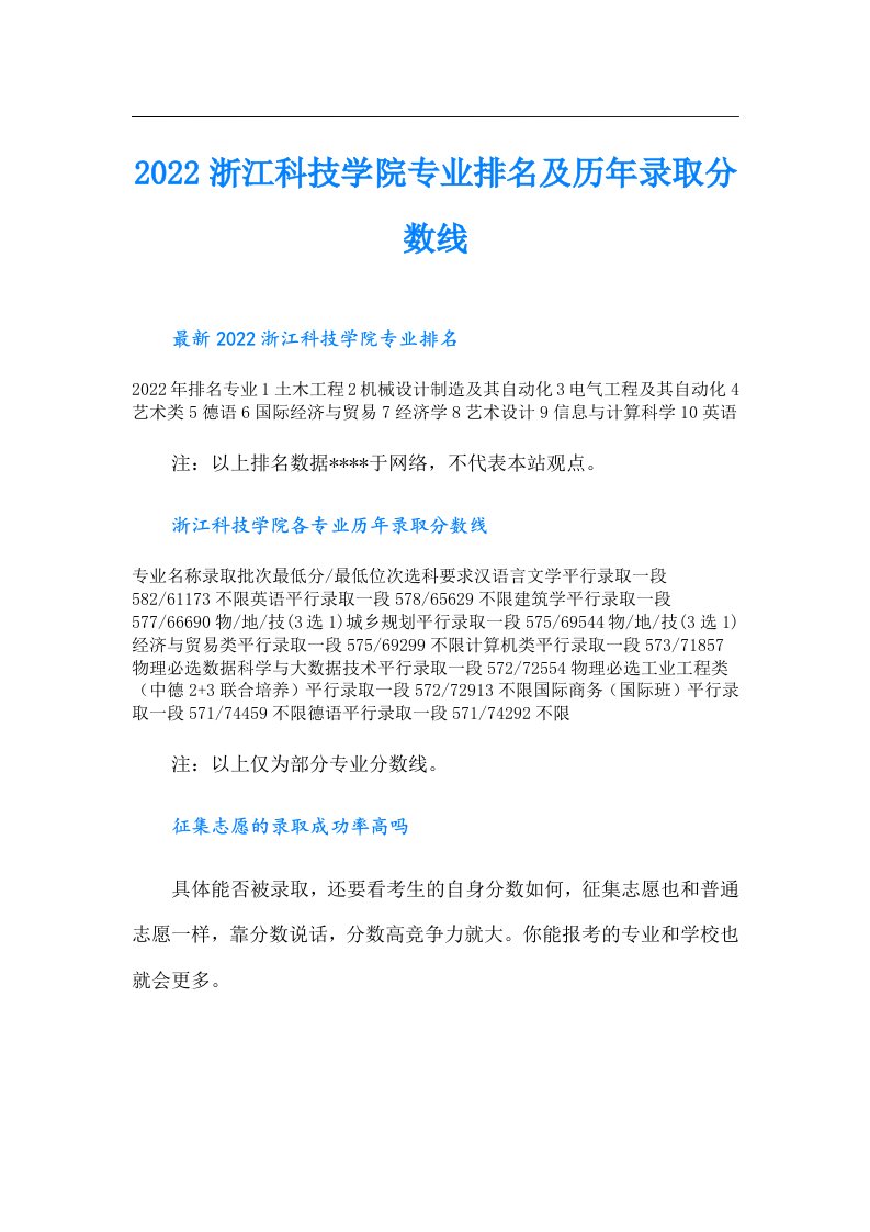 浙江科技学院专业排名及历年录取分数线