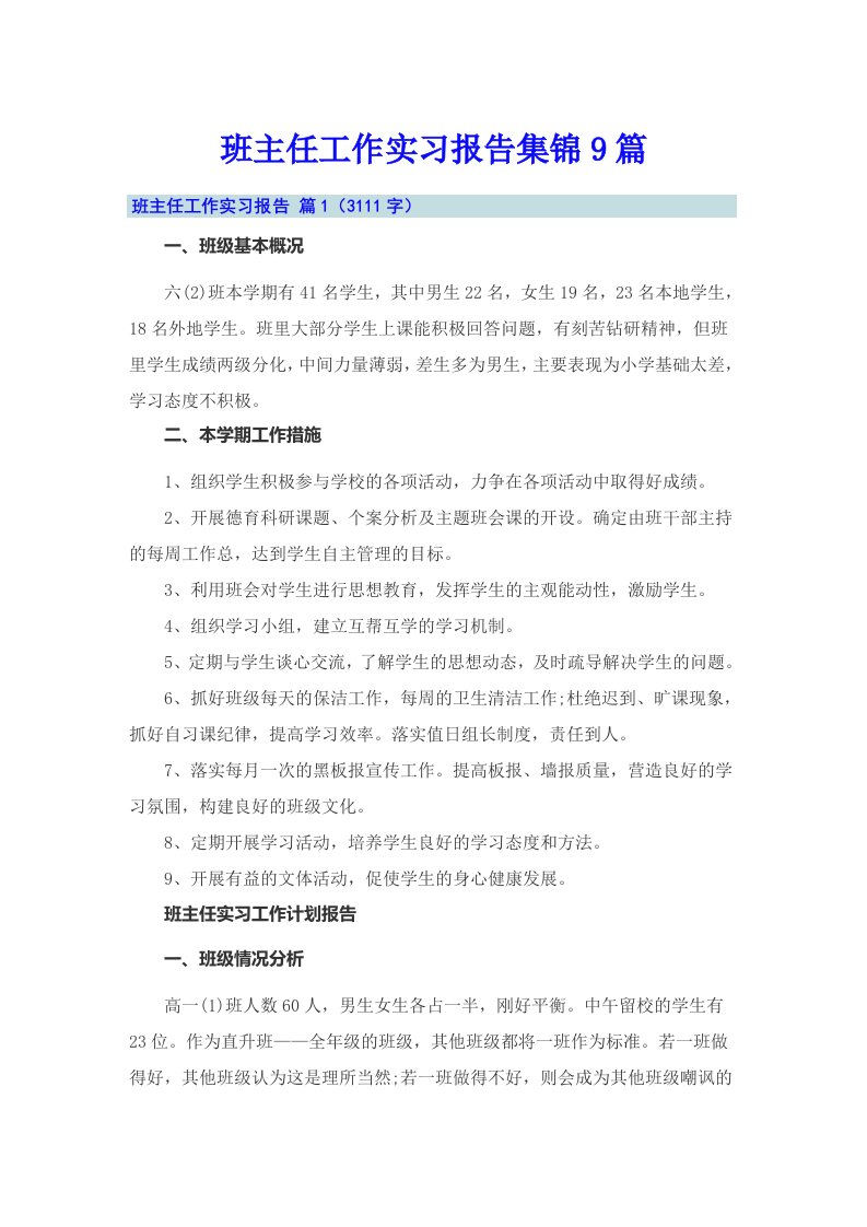 班主任工作实习报告集锦9篇