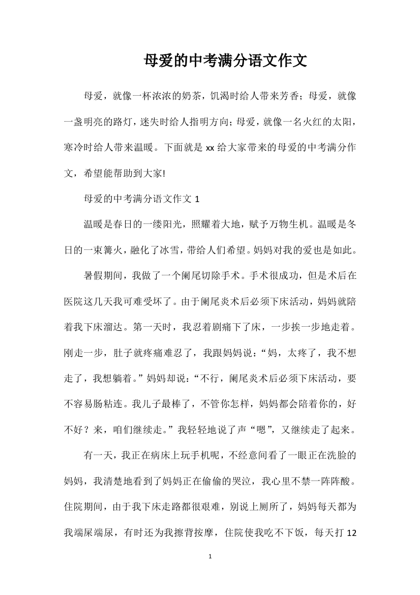 母爱的中考满分语文作文