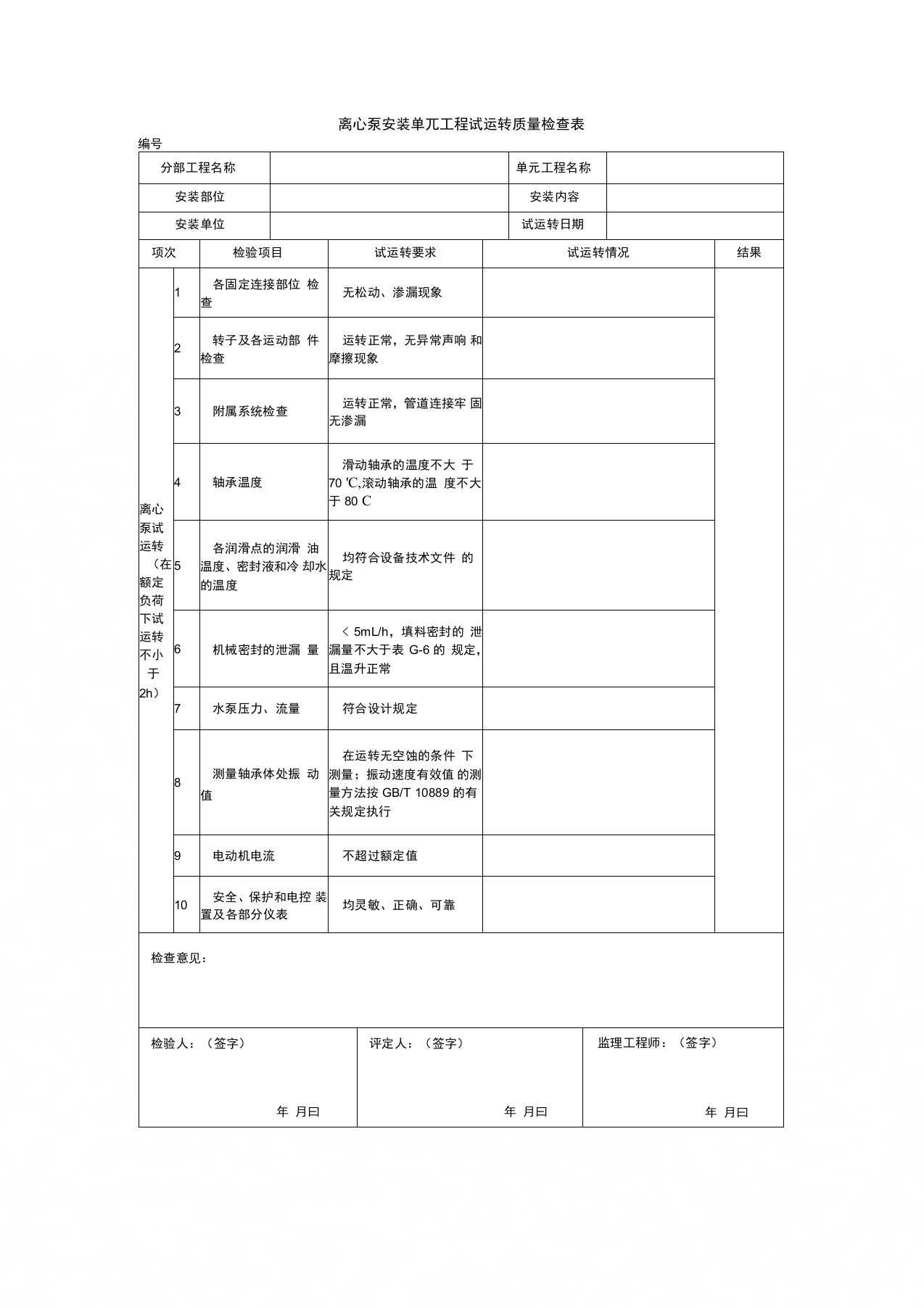 离心泵安装单元工程试运转质量检查表