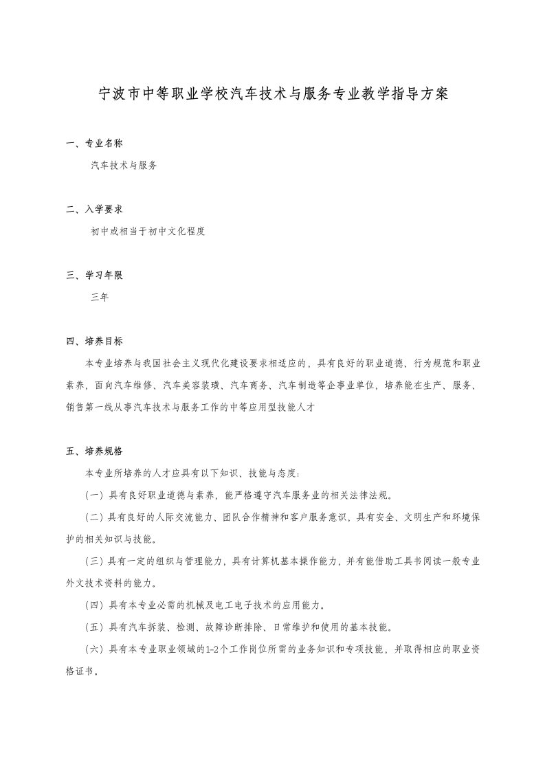 汽车行业-汽车维修专业教学指导方案