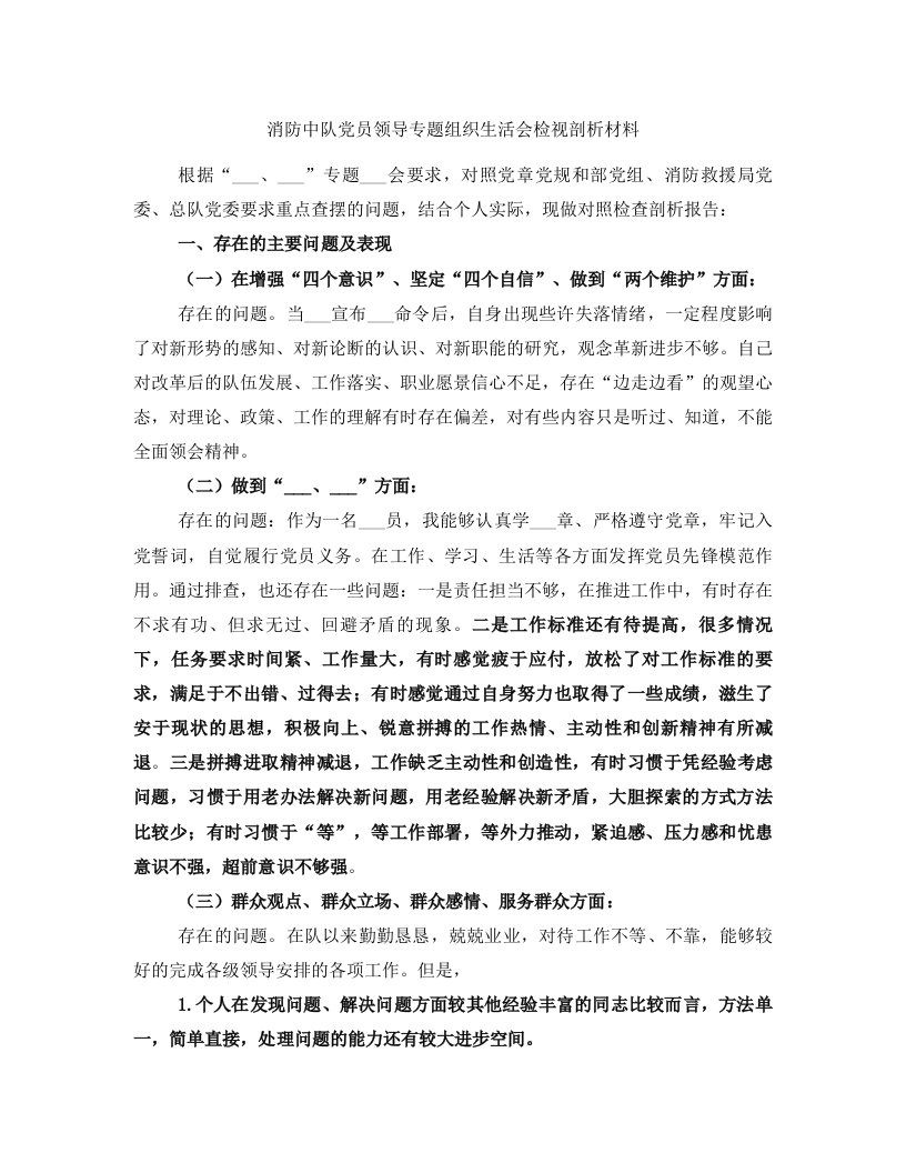 消防中队党员领导专题组织生活会检视剖析材料