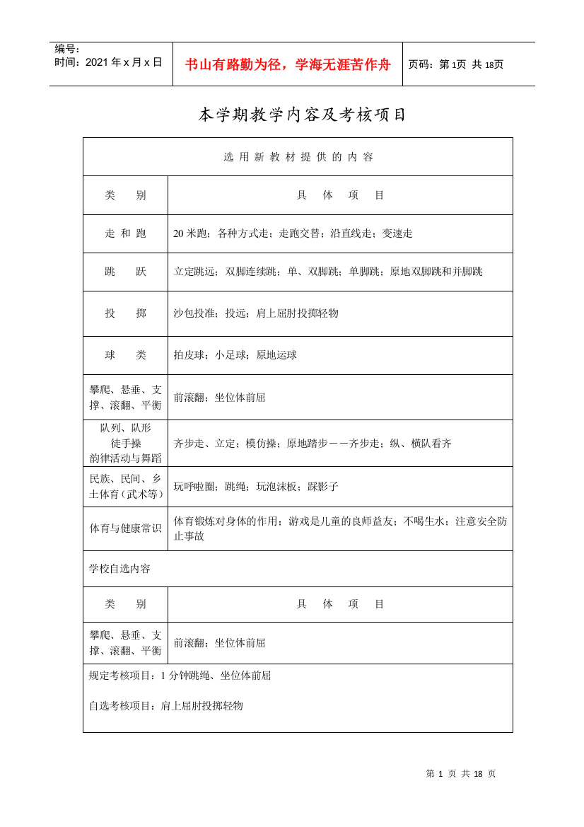 本学期教学内容及考核项目