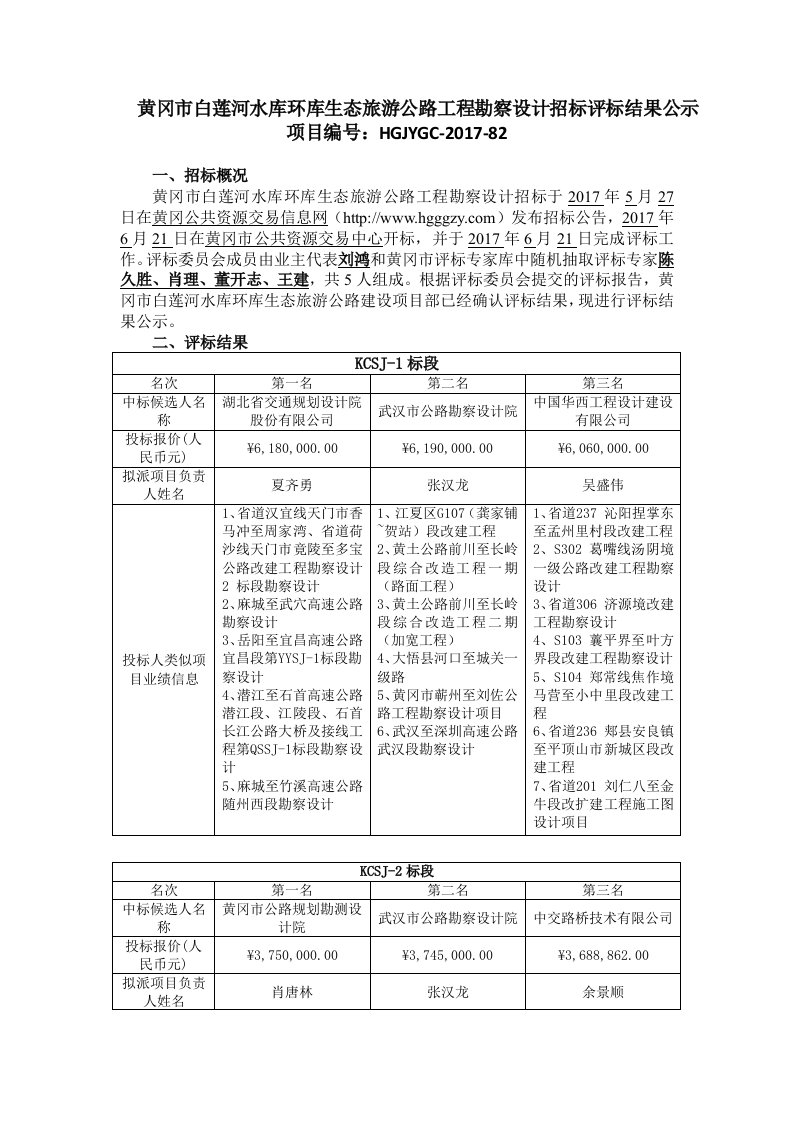 黄冈市白莲河水库环库生态旅游公路工程勘察设计招标评标结