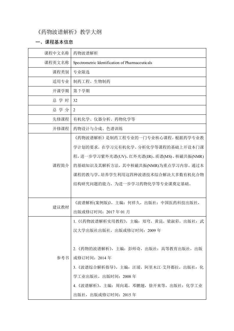 《药物波谱解析》教学大纲