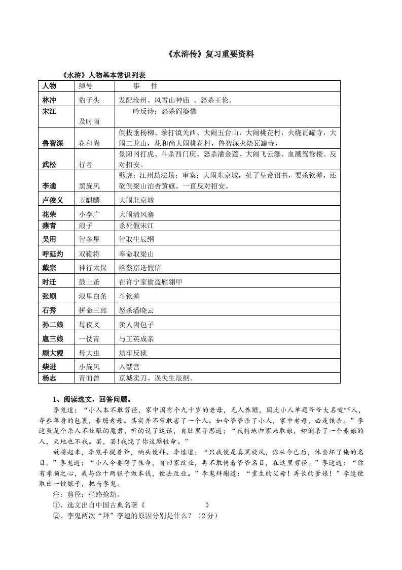 水浒传资料复习重要资料含答案