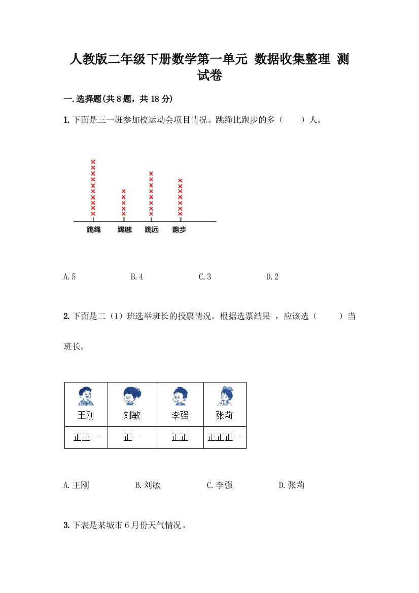 人教版二年级下册数学第一单元-数据收集整理-测试卷丨精品(综合题)