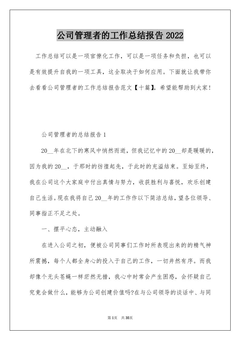 公司管理者的工作总结报告2022