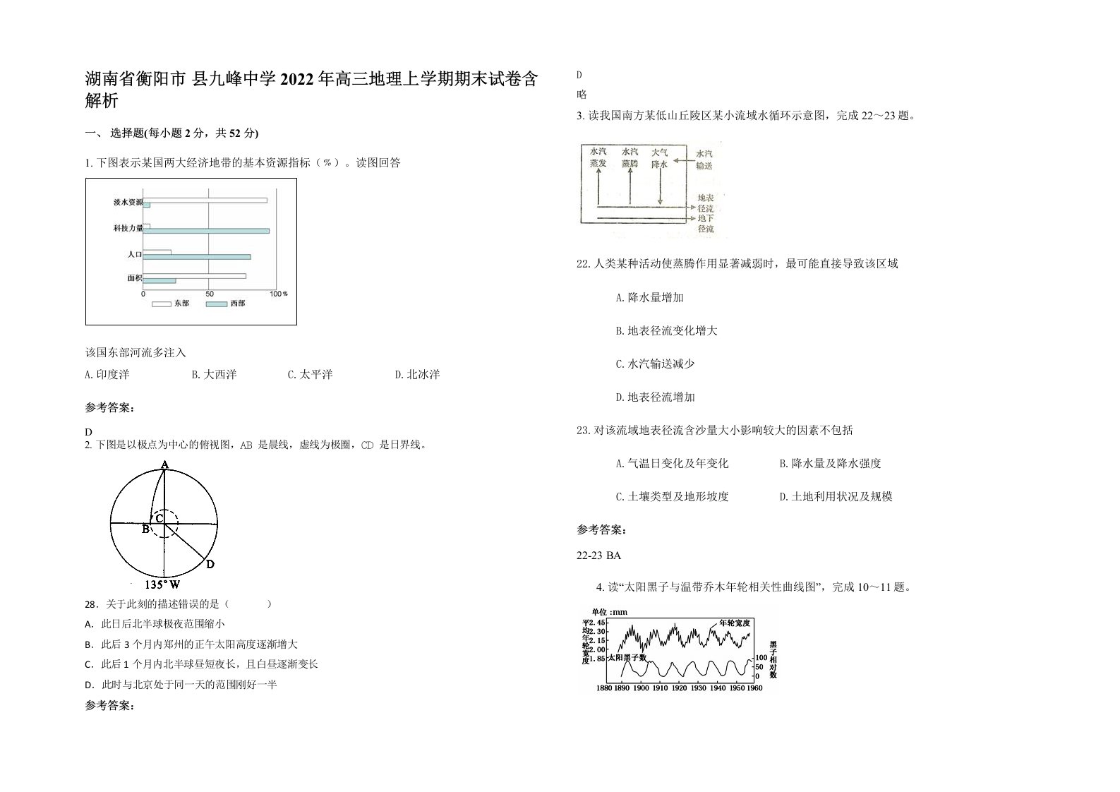 湖南省衡阳市县九峰中学2022年高三地理上学期期末试卷含解析